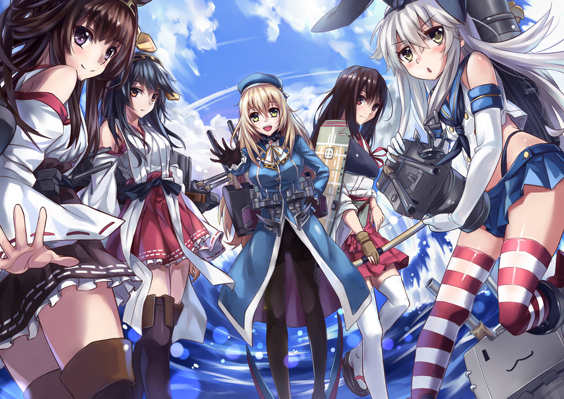 akagi_(kancolle), anthropomorphism, atago_(kancolle), black_hair, blonde_hair, blush, bow_(weapon), brown_eyes