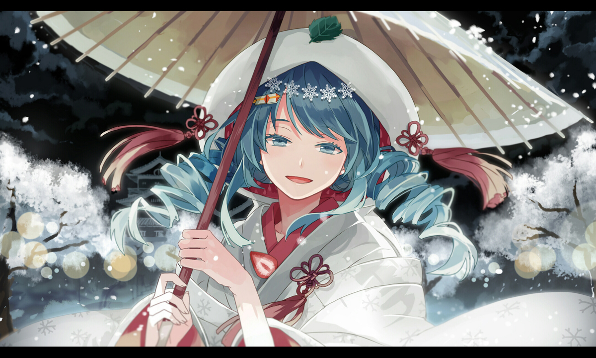 blue_eyes, blue_hair, hatsune_miku, japanese_clothes, kimono, long_hair, michi_(iawei), snow, tree, twintails, umbrella, vocaloid, wedding_attire, winter, yuki_miku