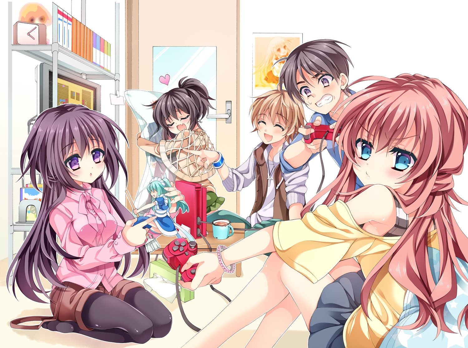 anapom, black_hair, blonde_hair, blue_eyes, blush, doll, fang, game_console