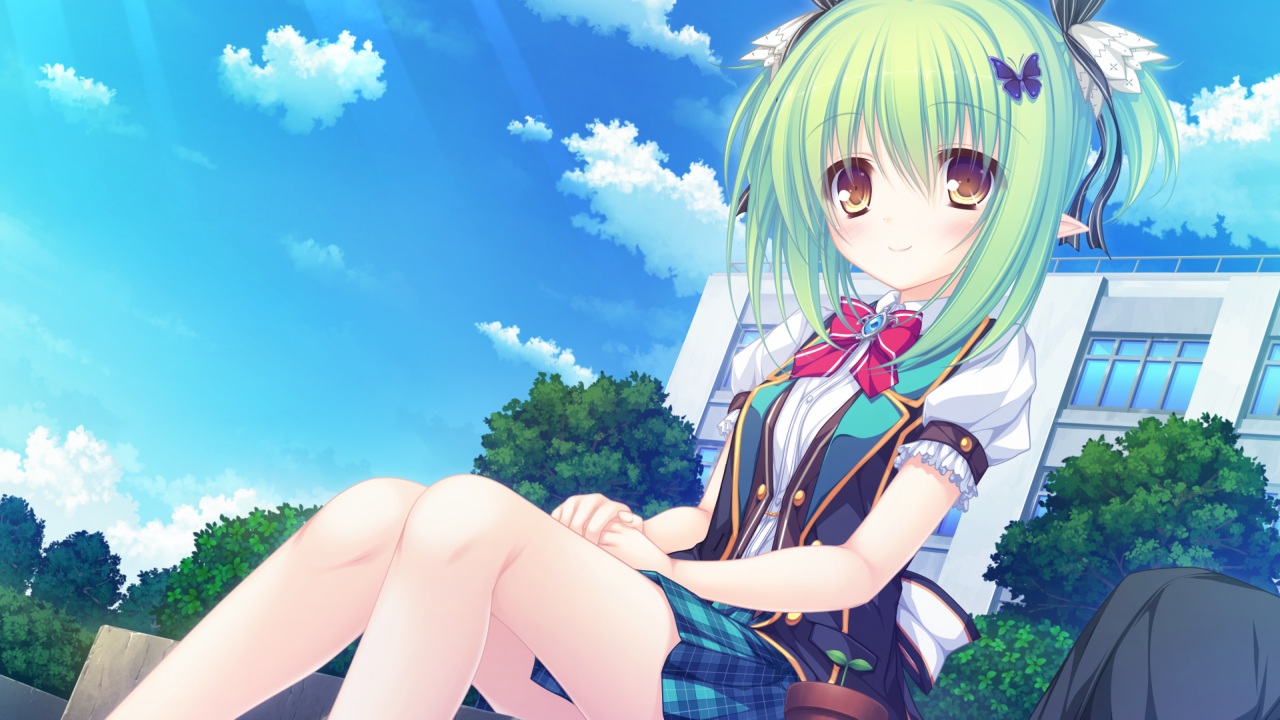bow, charlles_faltesia, game_cg, green_hair, magicalic_sky_high, mikagami_mamizu, pointed_ears, school_uniform