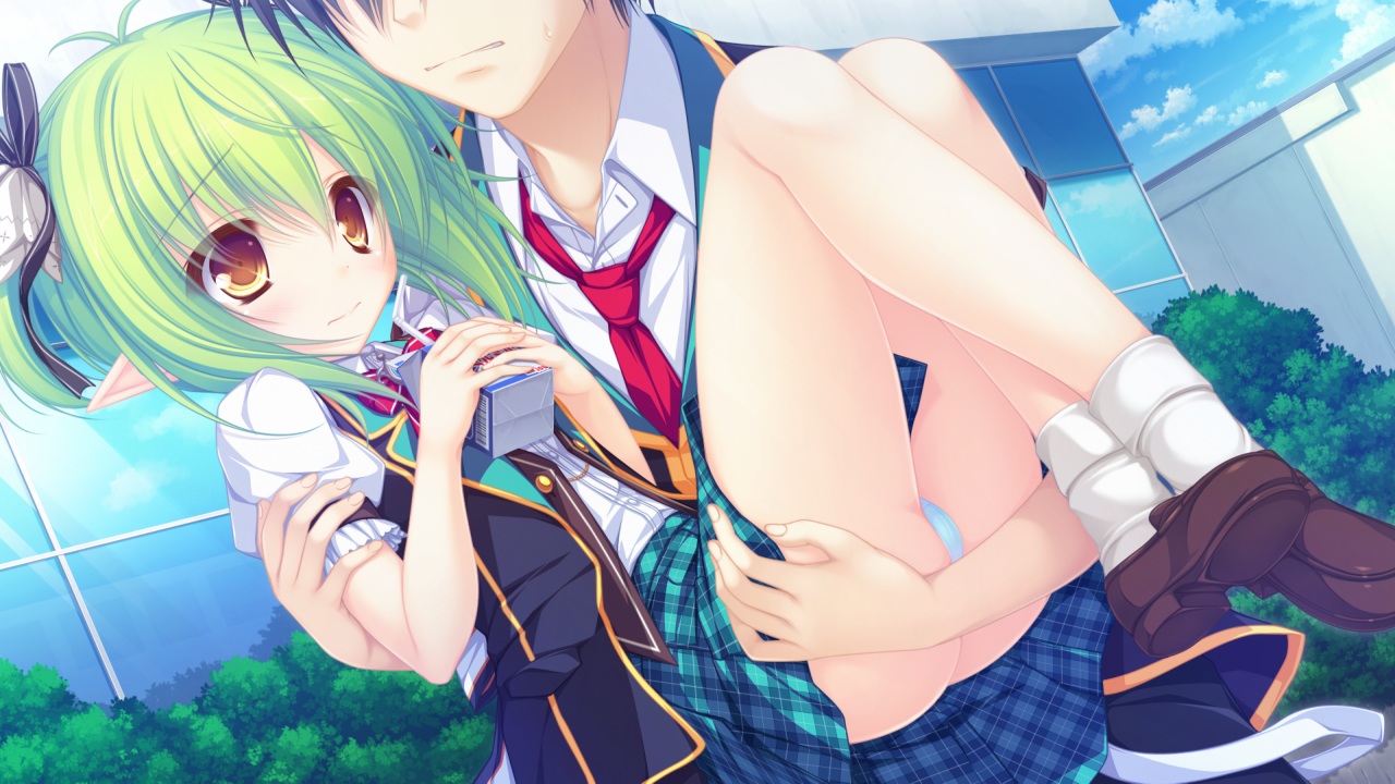 bow, charlles_faltesia, game_cg, green_hair, magicalic_sky_high, male, mikagami_mamizu, panties, pointed_ears, school_uniform, short_hair, socks, tenma_hayato, underwear, whirlpool, yellow_eyes