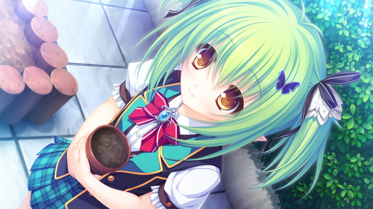 bow, charlles_faltesia, game_cg, green_hair, magicalic_sky_high, mikagami_mamizu, pointed_ears, ponytail