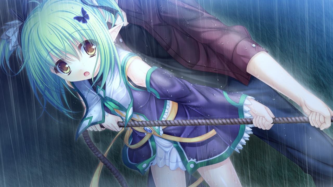 charlles_faltesia, game_cg, green_hair, magicalic_sky_high, mikagami_mamizu, pointed_ears, rain, short_hair