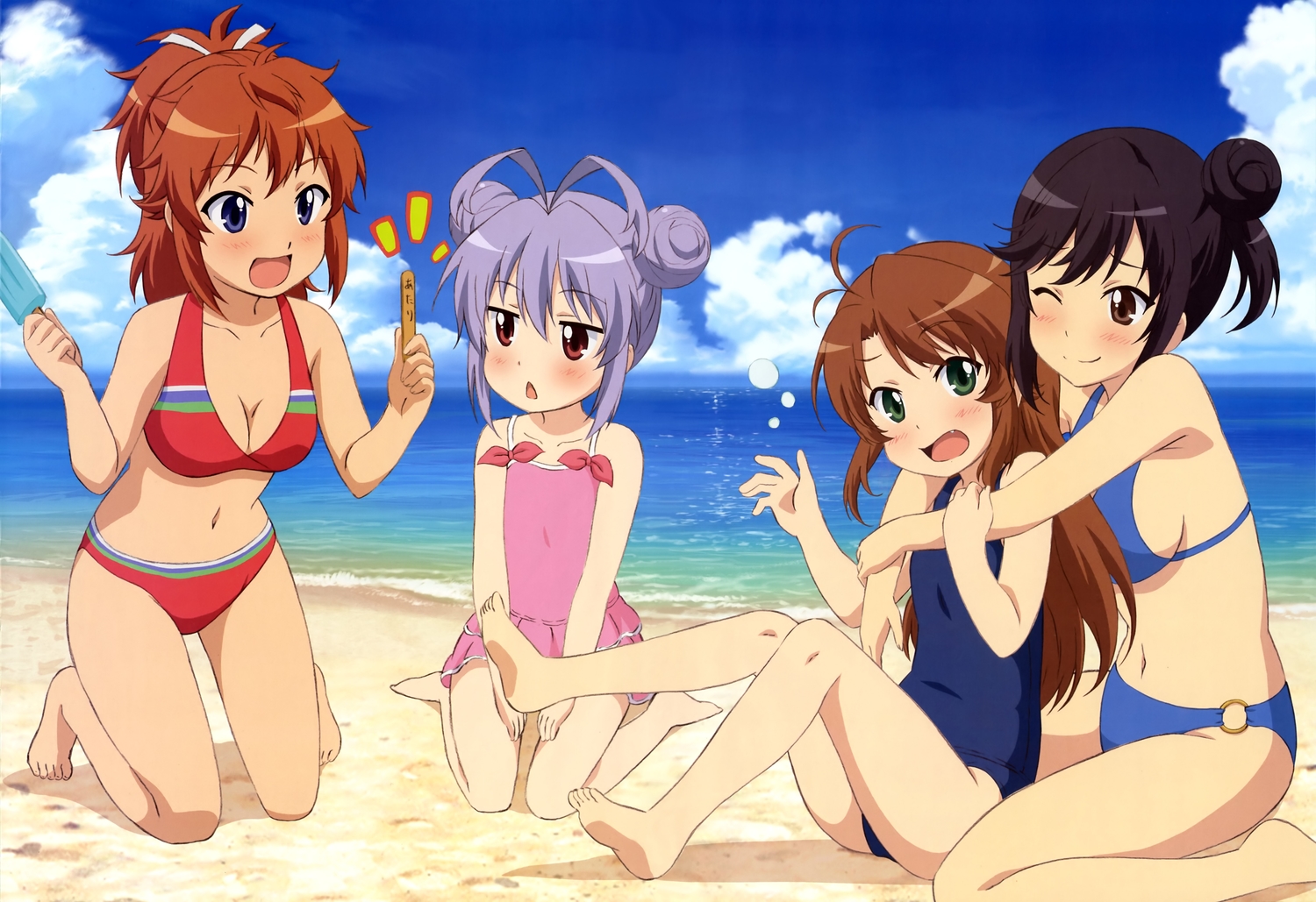 barefoot, beach, bikini, black_eyes, black_hair, blue_eyes, blush, breasts