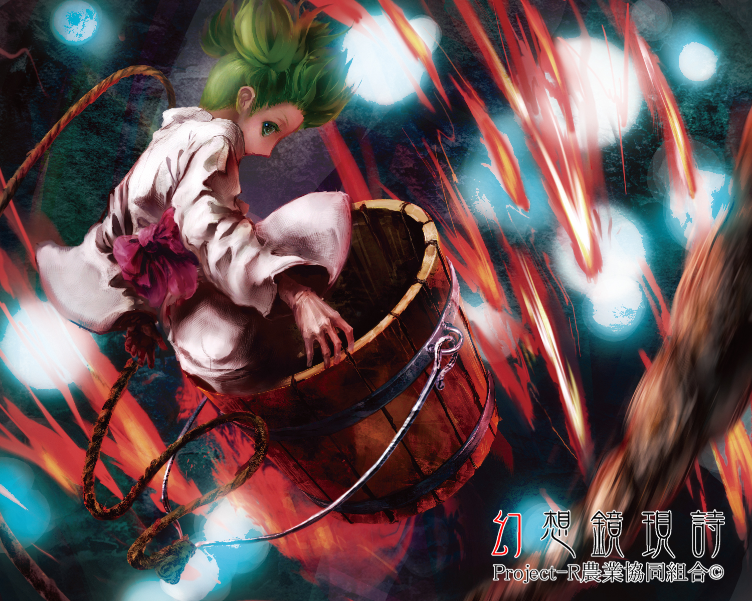 bow, fire, green_eyes, green_hair, japanese_clothes, kabihuton, kisume, short_hair