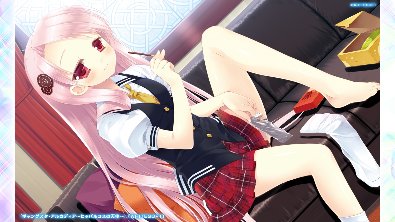 food, gangsta_alcadia, gangsta_republica, long_hair, miyasu_risa, pink_hair, pocky, red_eyes