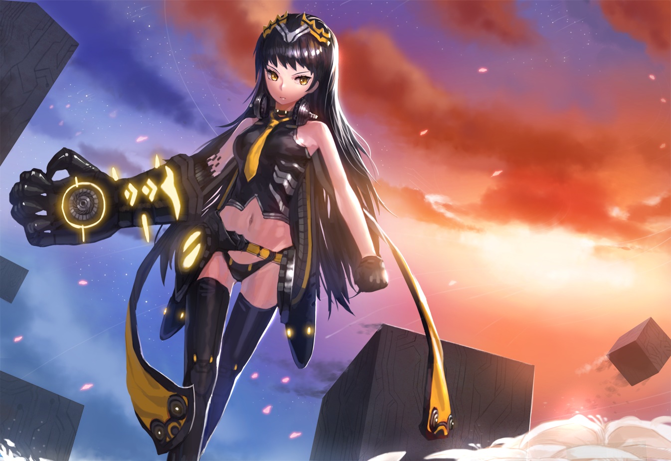 black_hair, gloves, headphones, kfr, long_hair, navel, original, panties