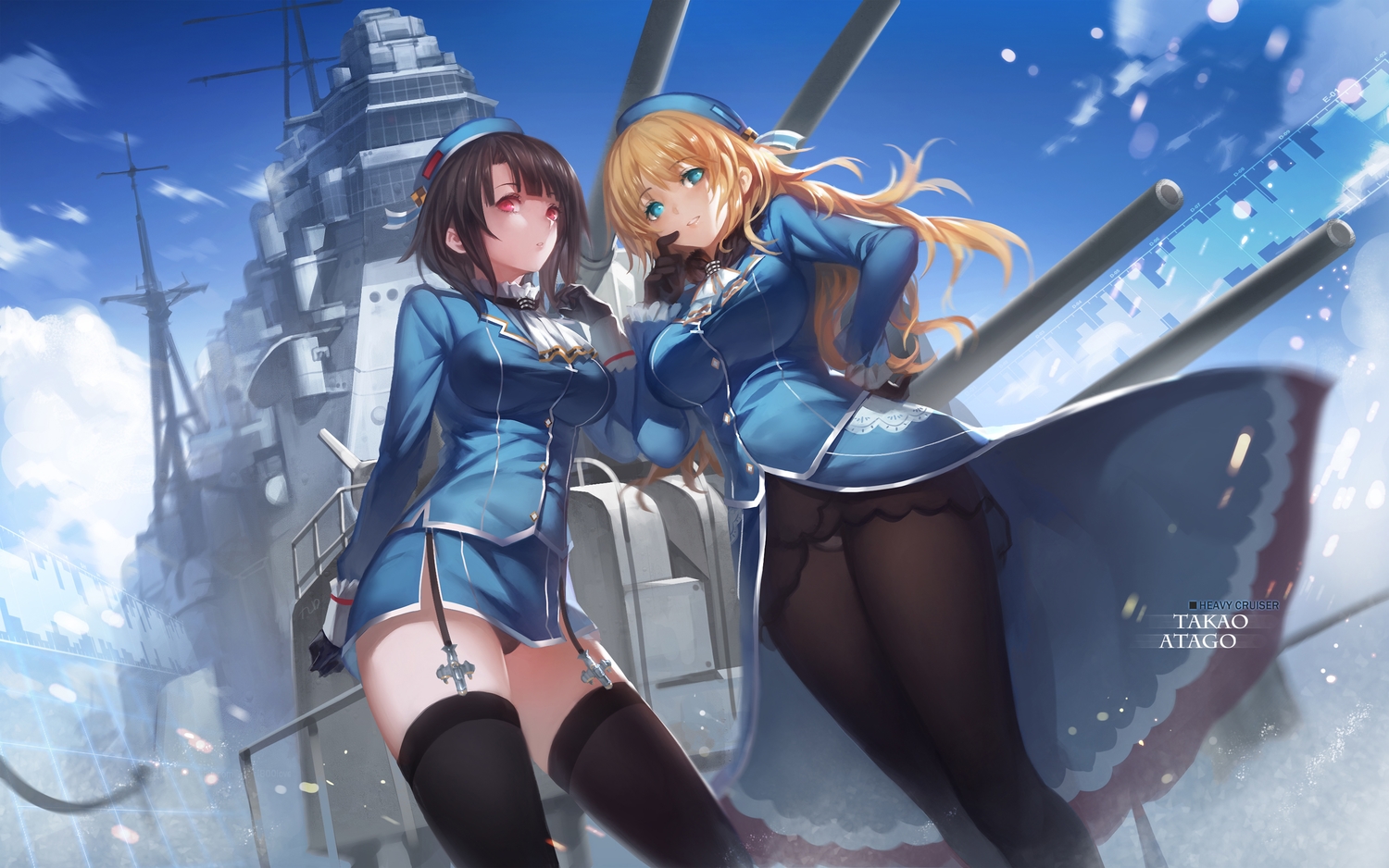 2girls, anthropomorphism, atago_(kancolle), black_hair, blonde_hair, blue_eyes, boat, choker, combat_vehicle, garter_belt, gloves, hat, kantai_collection, long_hair, panties, pantyhose, red_eyes, short_hair, skirt, takao_(kancolle), thighhighs, underwear, uniform, yykuaixian