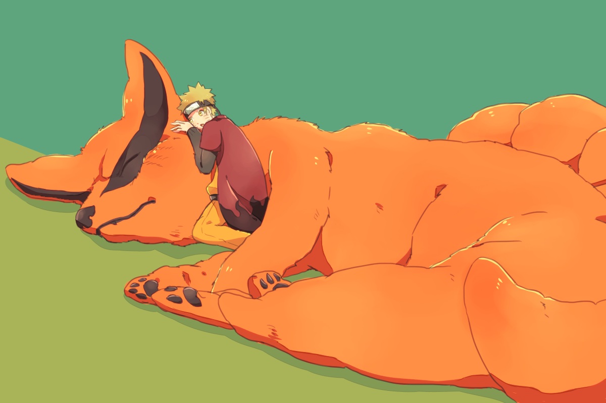 all_male, blonde_hair, cape, headband, kurama_(naruto), male, multiple_tails, naruto