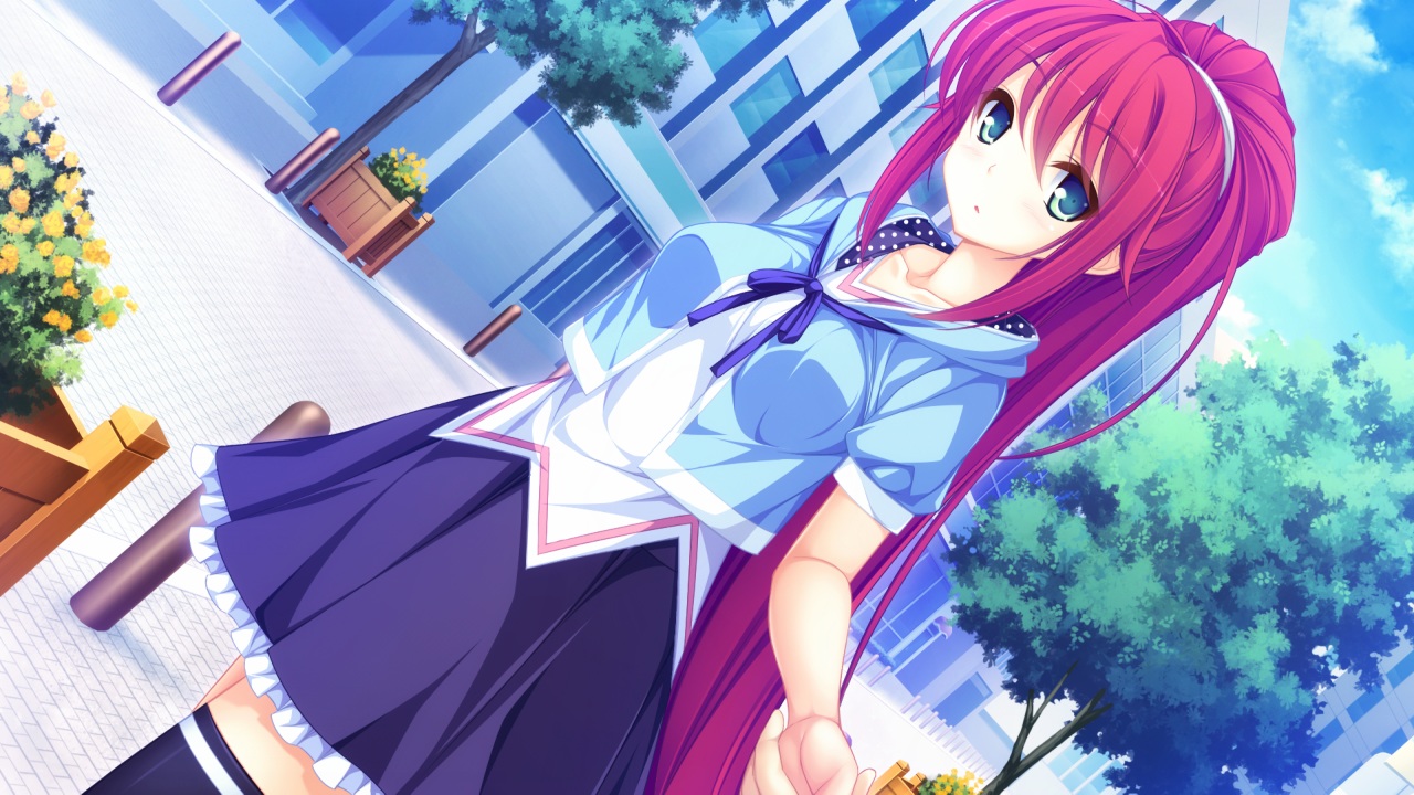 blue_eyes, cygnus, emilia_purifu_takamine, game_cg, long_hair, magicalic_sky_high, pink_hair, ponytail