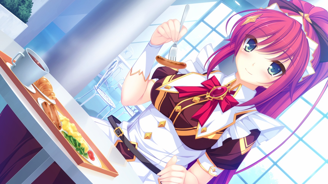 blue_eyes, bow, emilia_purifu_takamine, food, game_cg, long_hair, magicalic_sky_high, mikagami_mamizu