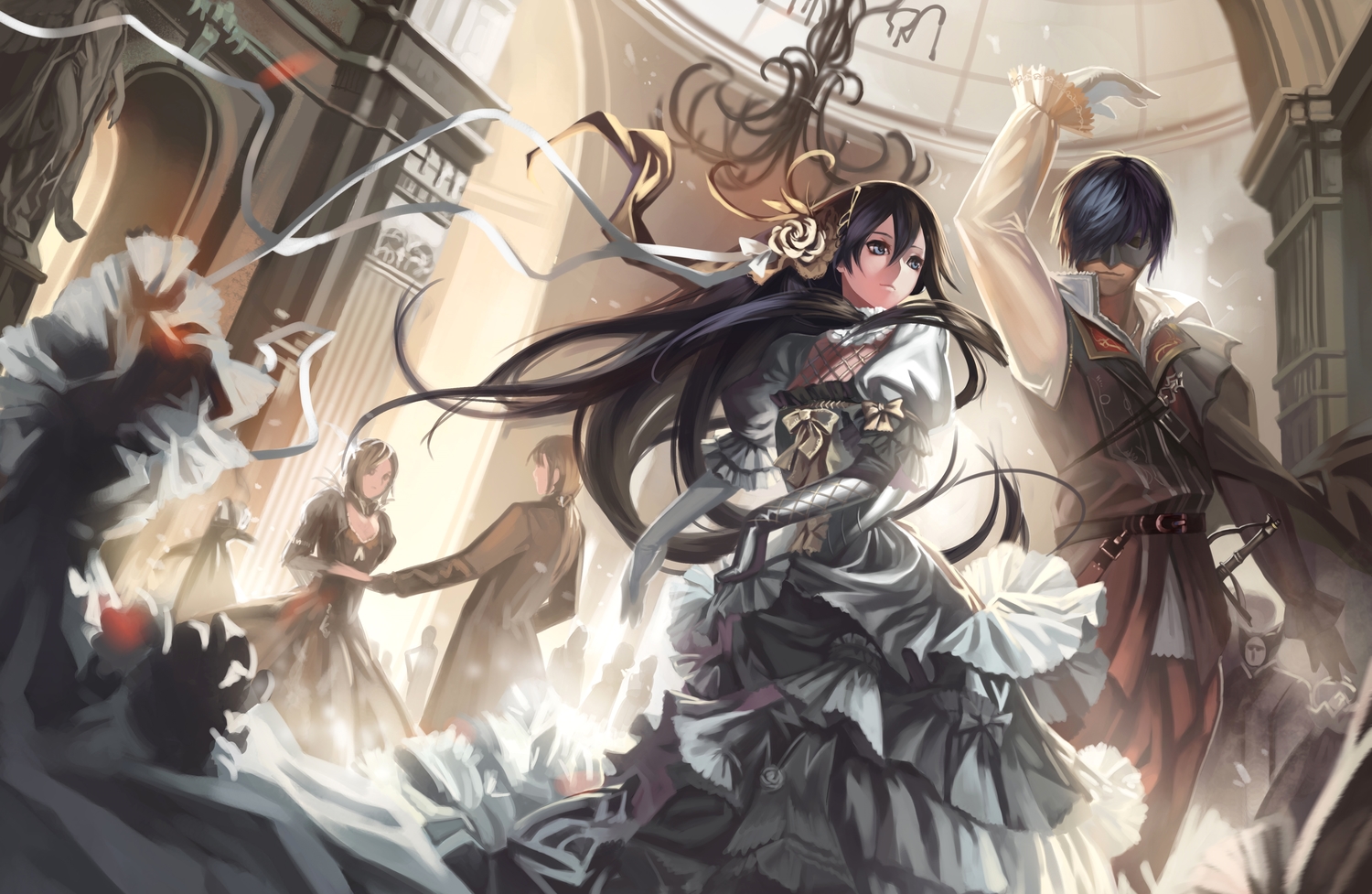 black_hair, blue_eyes, blue_hair, bow, dress, elbow_gloves, flowers, gloves