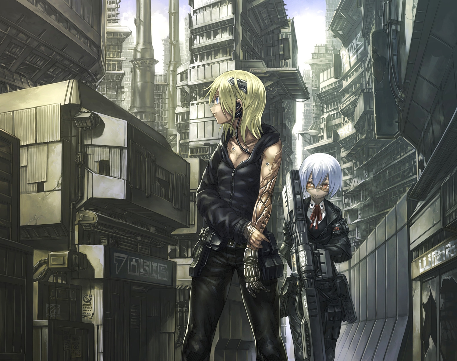 blonde_hair, building, glasses, gun, original, shinazo, short_hair, uniform, weapon, white_hair