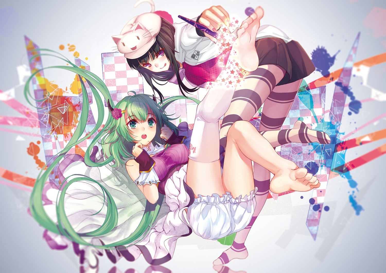 2girls, aki663, barefoot, black_hair, dress, green_eyes, green_hair, hat