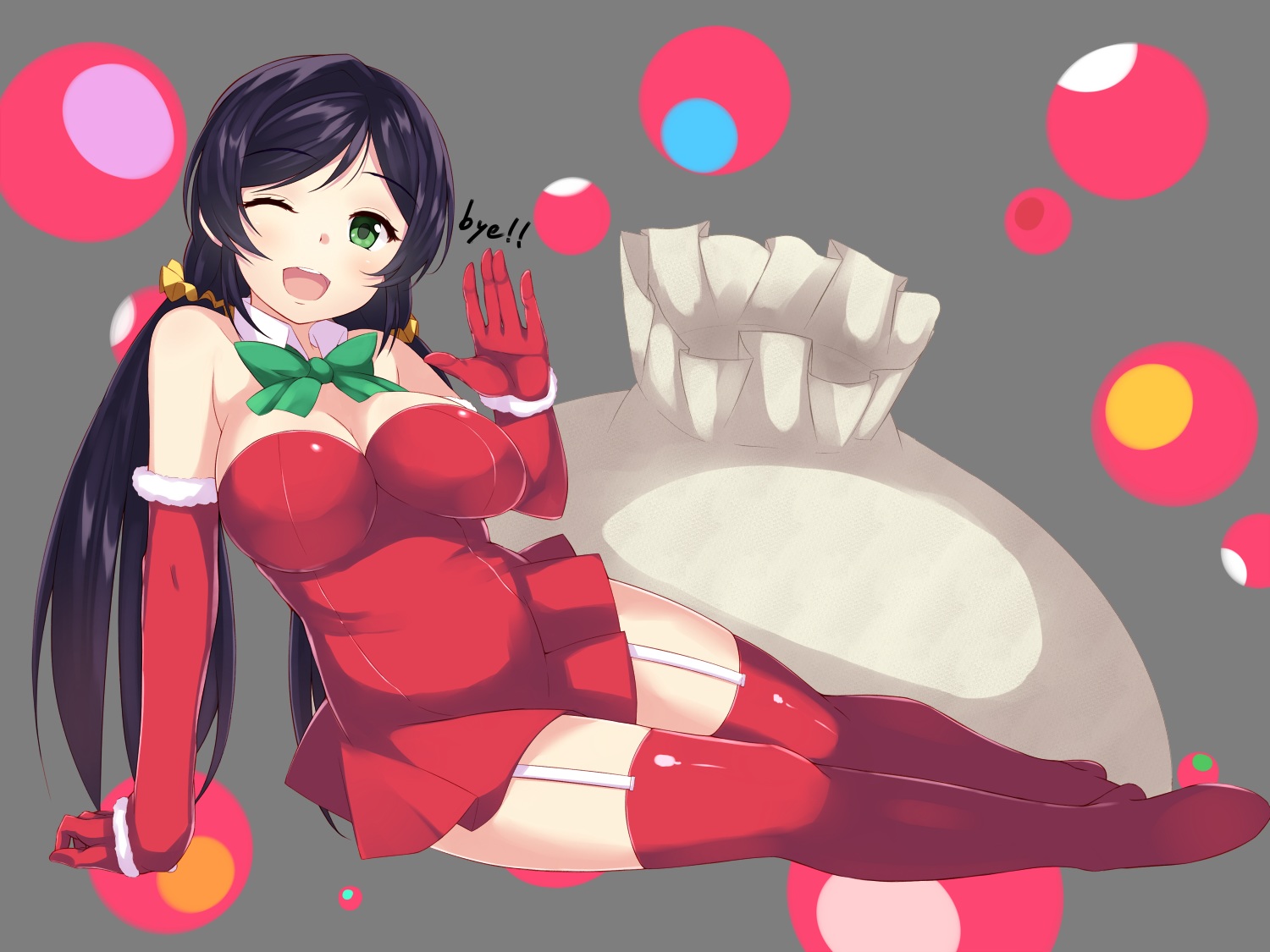 black_hair, bow, breasts, christmas, cleavage, elbow_gloves, garter_belt, gloves, green_eyes, long_hair, love_live!_school_idol_project, ponkotsu_(ayarosu), stockings, thighhighs, toujou_nozomi, wink