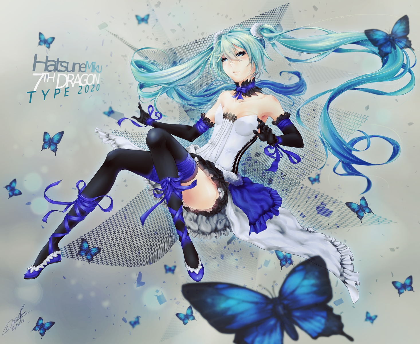 7th_dragon, 7th_dragon_2020, aqua_hair, blue_eyes, butterfly, choker, dariap_(mikkie), elbow_gloves, gloves, hatsune_miku, long_hair, ribbons, signed, thighhighs, twintails, vocaloid
