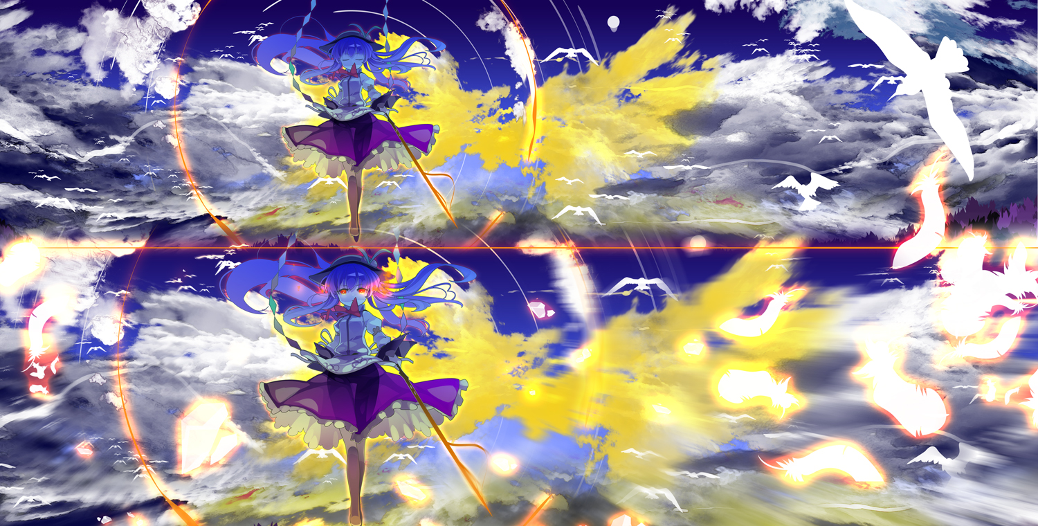 animal, bird, blue_hair, clouds, feathers, hinanawi_tenshi, touhou, uki