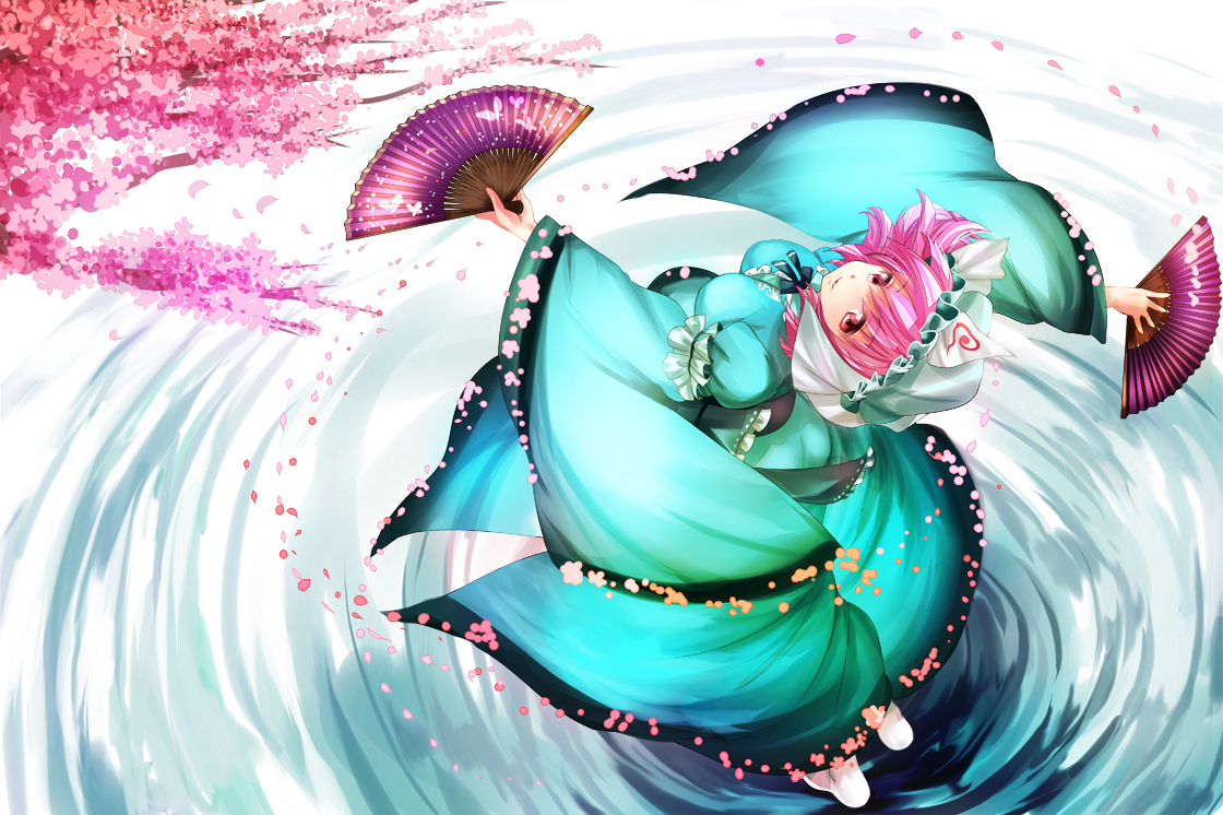 cherry_blossoms, fan, flowers, japanese_clothes, nagare, petals, pink_hair, saigyouji_yuyuko