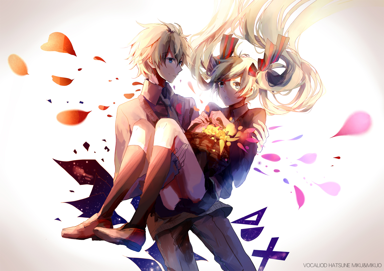 hatsune_miku, hatsune_mikuo, petals, vocaloid, yoisy