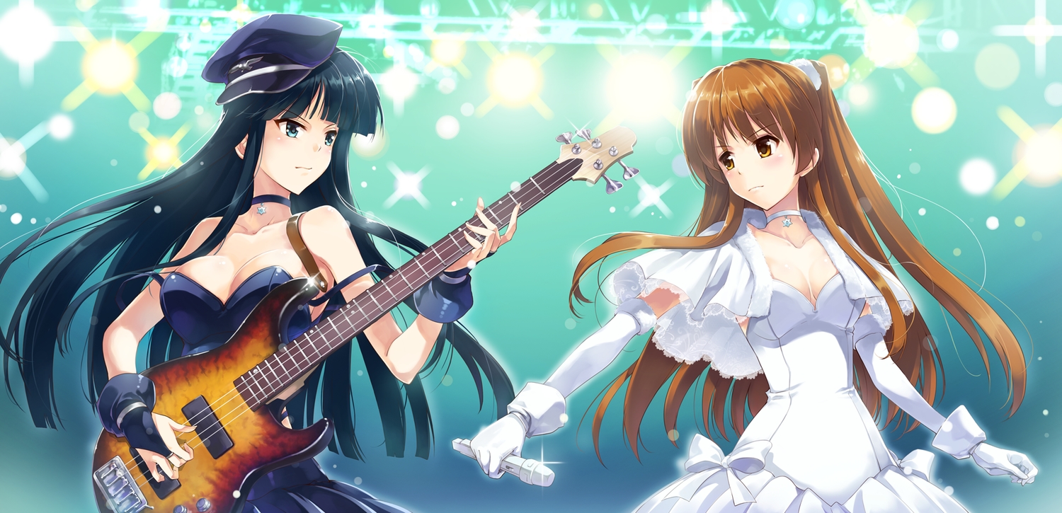 2girls, black_hair, blue_eyes, breasts, brown_eyes, brown_hair, cleavage, gloves