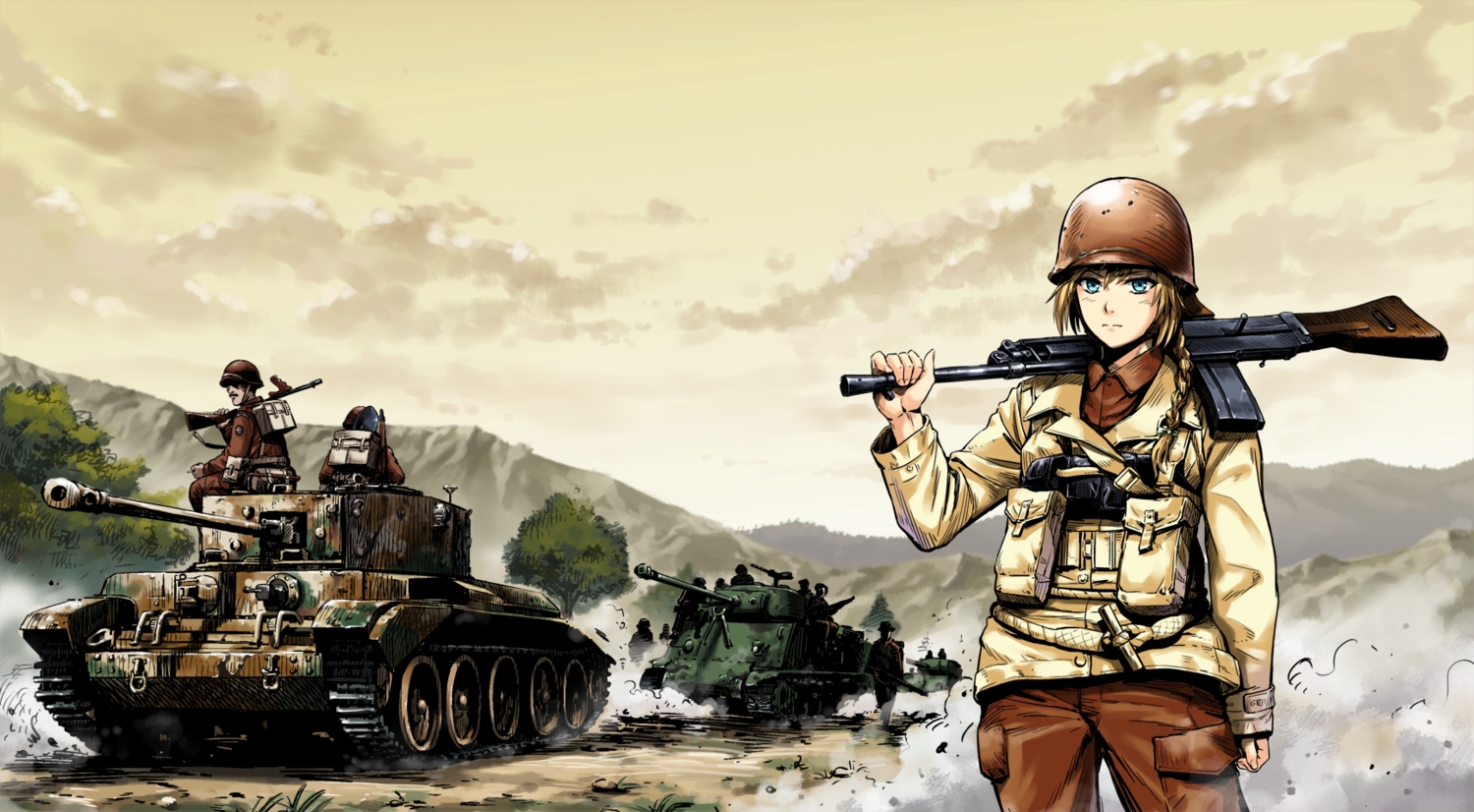blonde_hair, blue_eyes, braids, combat_vehicle, gun, hat, military, original, themare, uniform, weapon