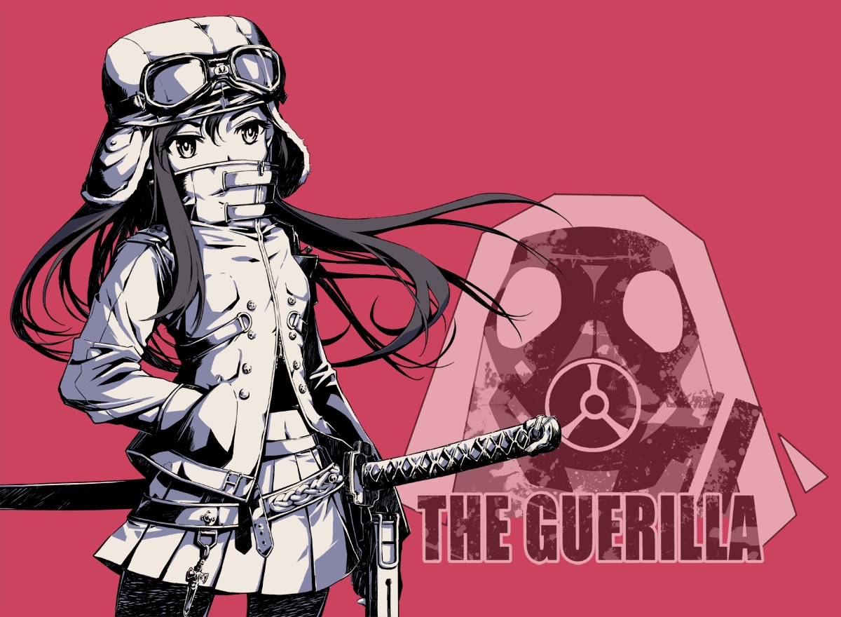 black_hair, hat, katana, long_hair, original, skirt, sword, themare, weapon