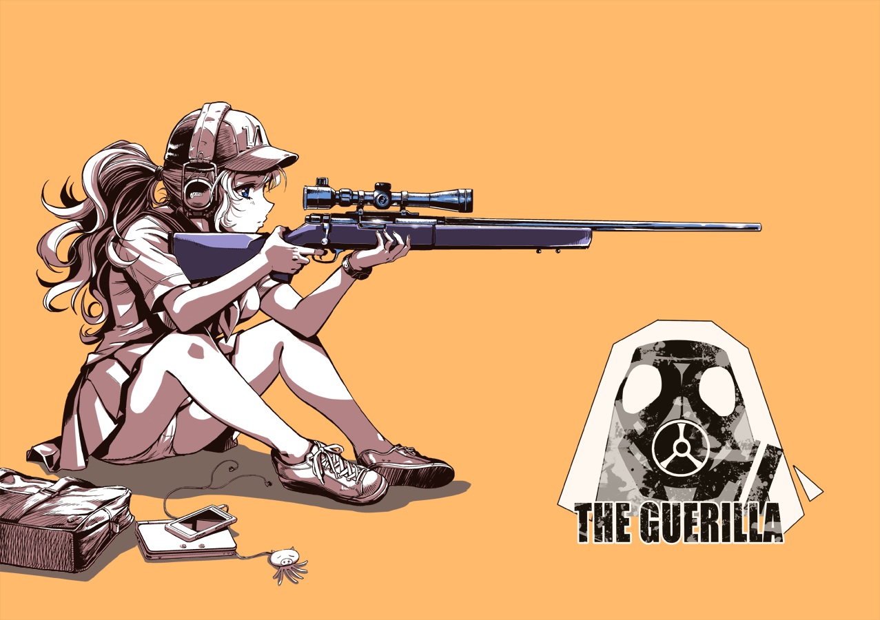 gun, hat, headphones, original, panties, phone, ponytail, skirt, themare, underwear, weapon