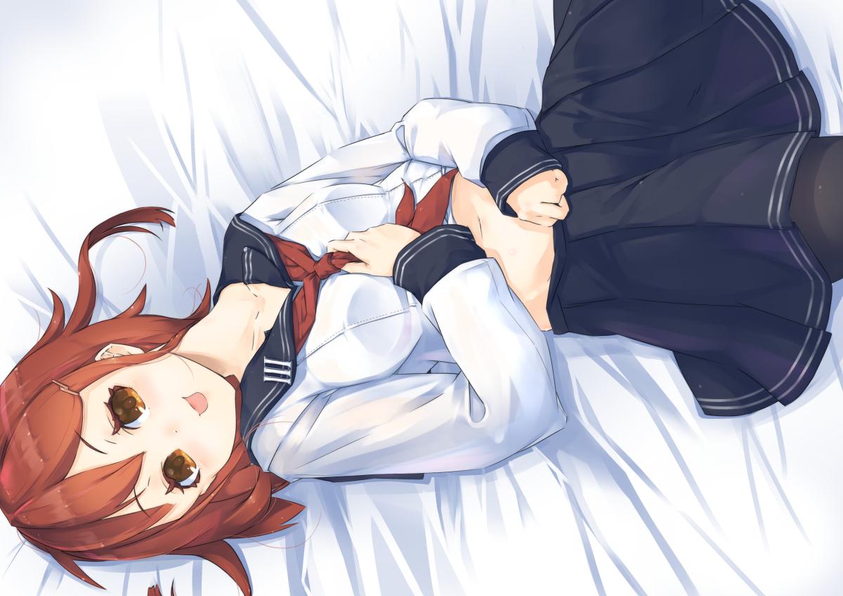 anthropomorphism, brown_eyes, brown_hair, gedou_(shigure_seishin), ikazuchi_(kancolle), kantai_collection, navel, pantyhose