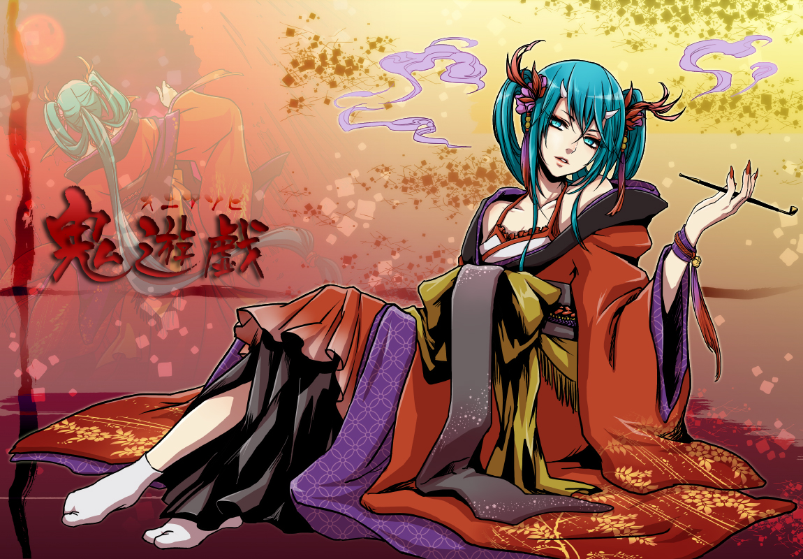 aqua_eyes, aqua_hair, demon, hatsune_miku, horns, japanese_clothes, kimono, momopanda