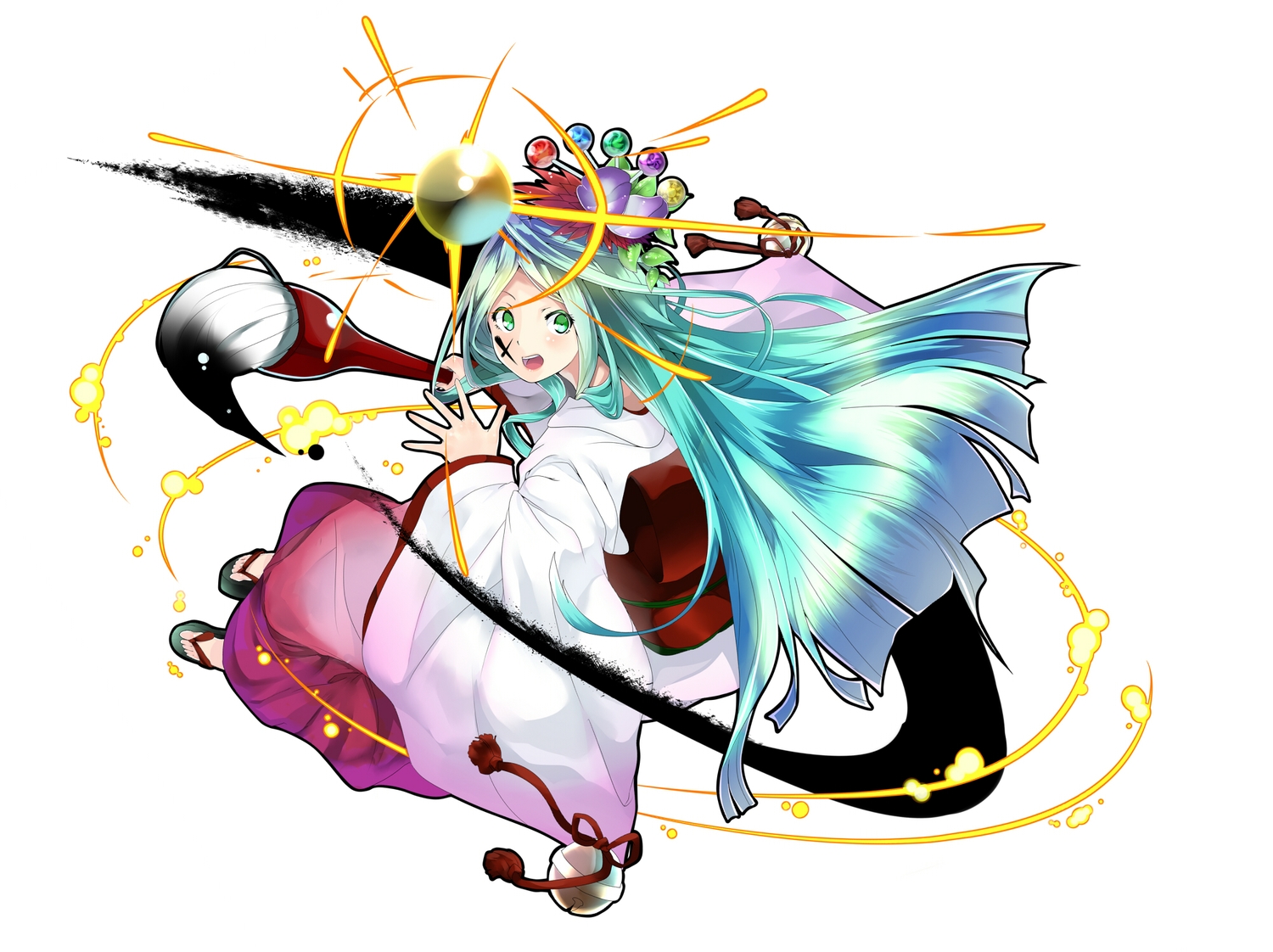 amaterasu_(p&d), aqua_hair, gochiwa, green_eyes, japanese_clothes, puzzle_&_dragons