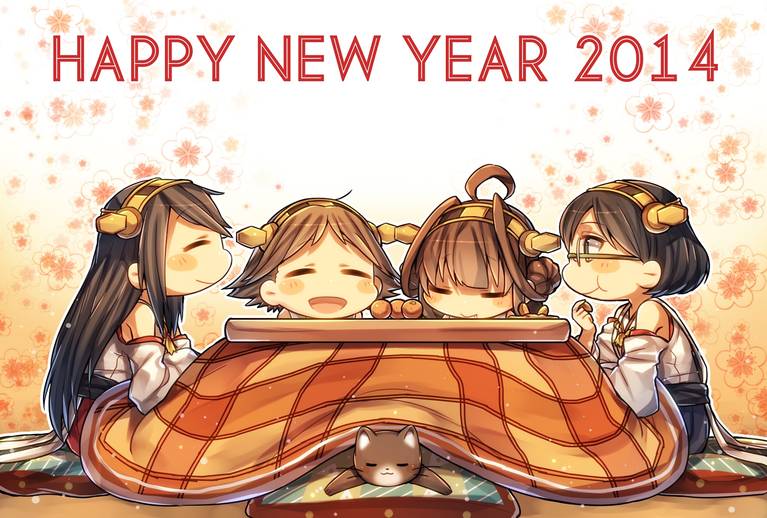 animal, anthropomorphism, black_hair, blush, brown_hair, cat, food, glasses, green_eyes, group, haruna_(kancolle), headband, hiei_(kancolle), japanese_clothes, kantai_collection, kirishima_(kancolle), kongou_(kancolle), kotatsu, long_hair, mika_(1020mk), short_hair