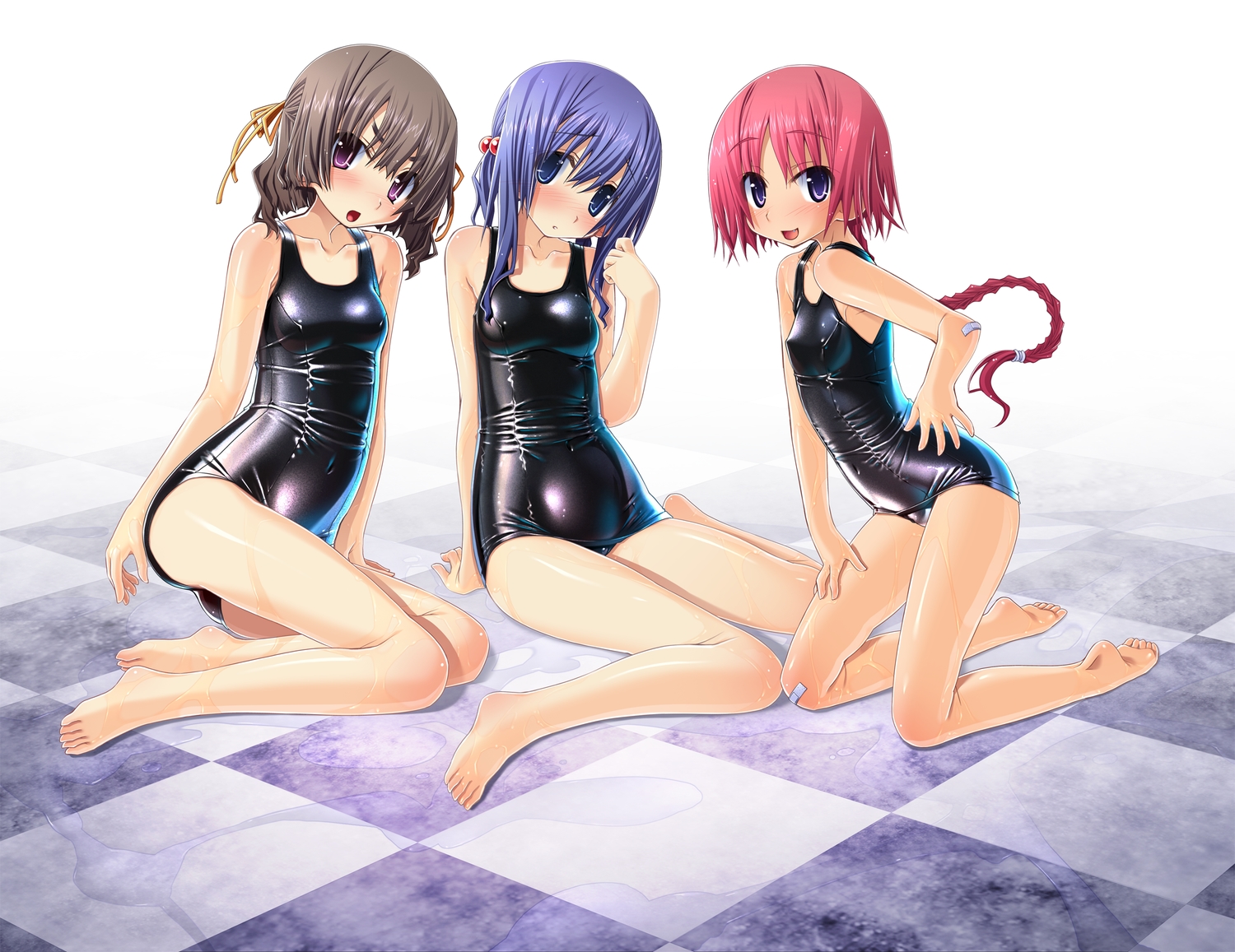 bandaid, barefoot, blue_eyes, blue_hair, blush, braids, pink_hair, purple_eyes