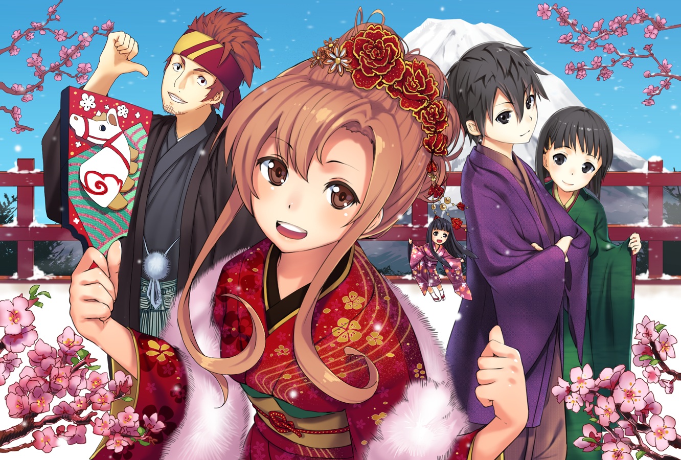 cherry_blossoms, flowers, japanese_clothes, juu., kimono, kirigaya_kazuto, kirigaya_suguha, sword_art_online