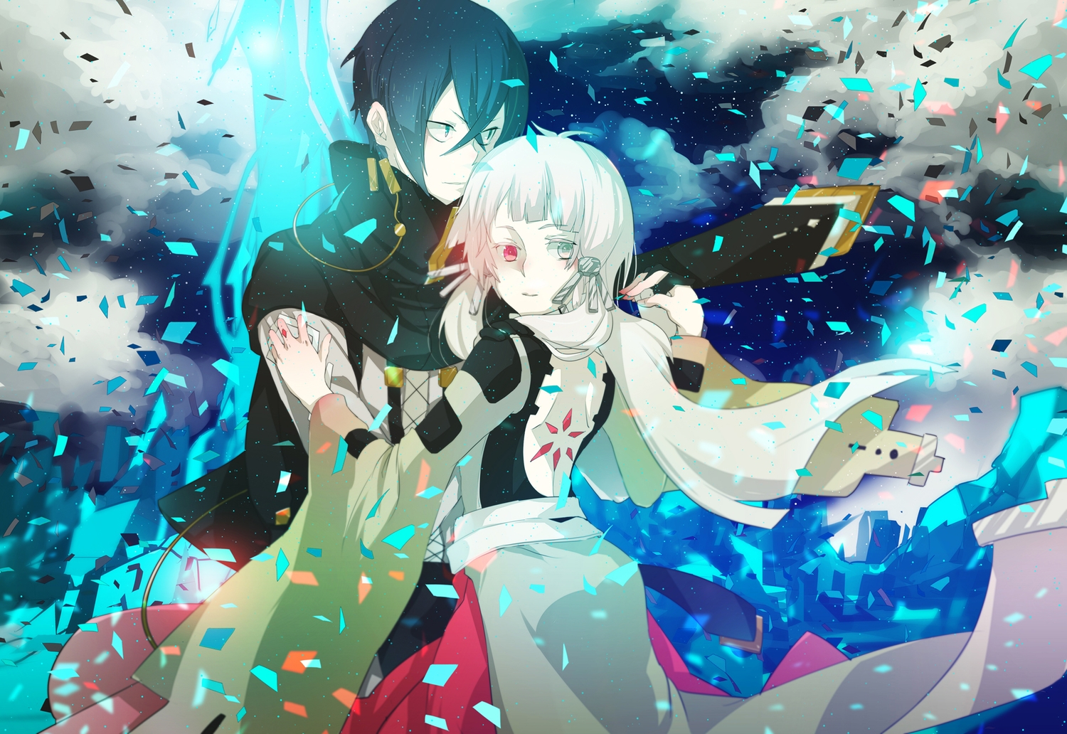 aqua_eyes, bicolored_eyes, blue_hair, dress, green_eyes, hoshima, inochi_no_justitia_(vocaloid), long_hair