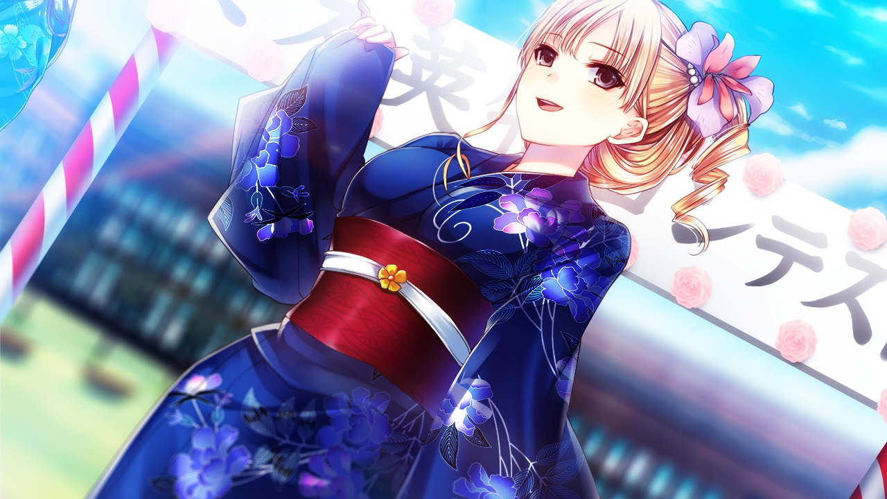 ayame_no_machi_to_ohimesama, blonde_hair, game_cg, japanese_clothes, kazuharu_kina, more_(company), naruko_ran, yellow_eyes, yukata