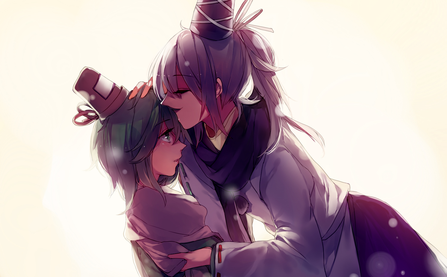 2girls, green_eyes, green_hair, hug_(yourhug), kiss, mononobe_no_futo, ponytail, purple_hair