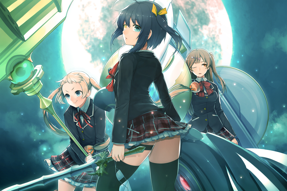 aqua_eyes, bicolored_eyes, blonde_hair, brown_hair, chuunibyou_demo_koi_ga_shitai!, dekomori_sanae, hitoto, long_hair, moon, nibutani_shinka, orange_eyes, school_uniform, short_hair, skirt, sword, takanashi_rikka, thighhighs, twintails, weapon, wink