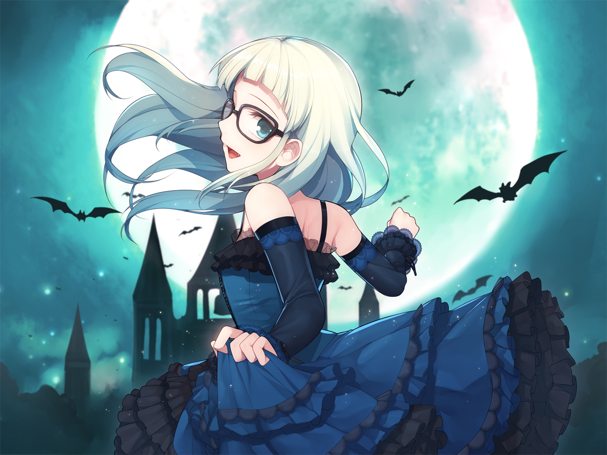 aikatsu!, animal, blue_eyes, dress, glasses, hitoto, long_hair, moon