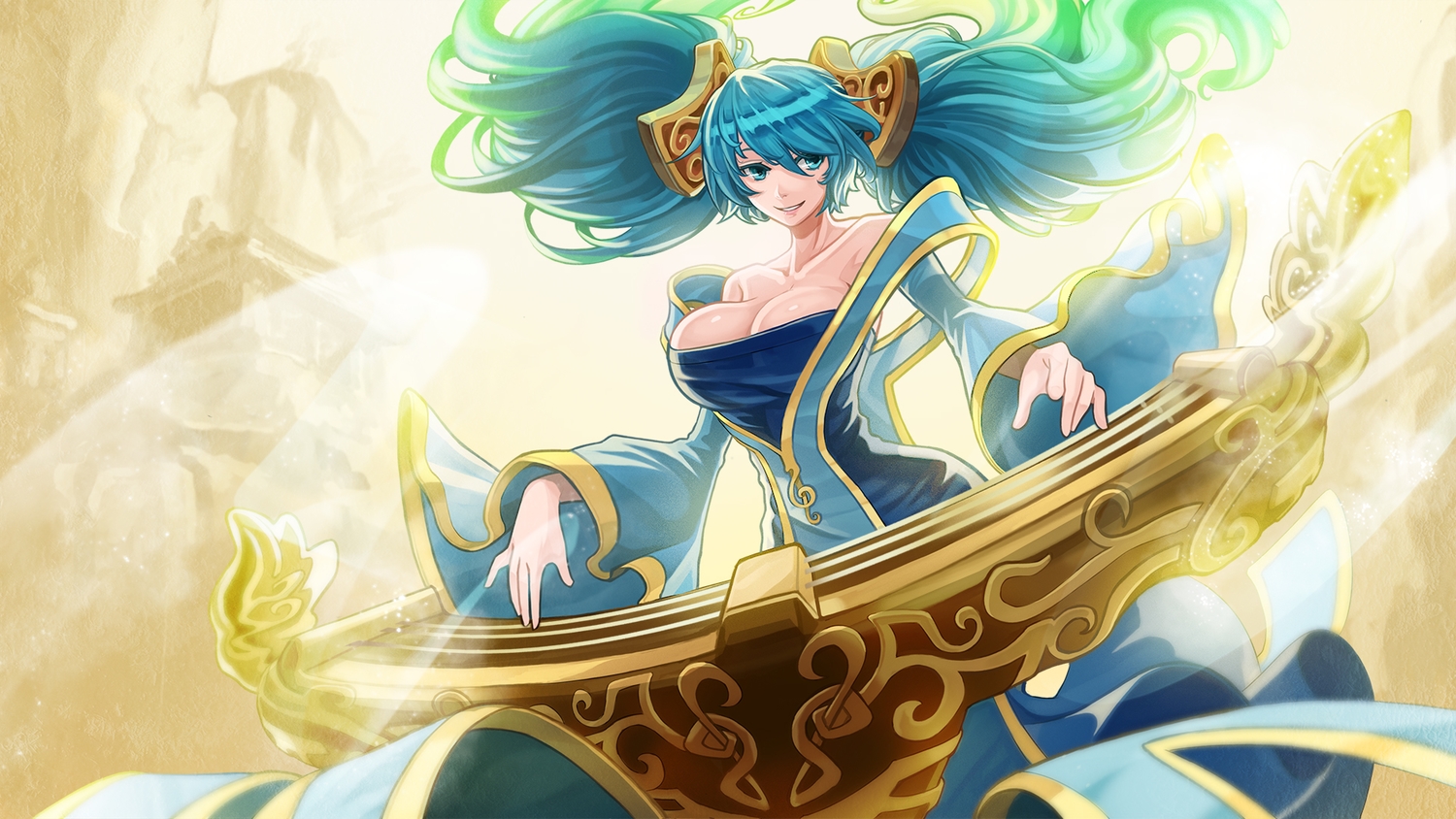 blue_eyes, blue_hair, dress, goomrrat, league_of_legends, long_hair, sona_buvelle, twintails
