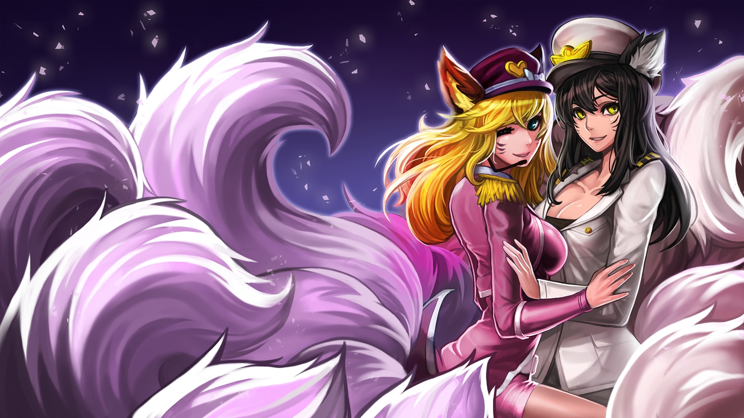 ahri_(league_of_legends), animal_ears, black_hair, blonde_hair, foxgirl, goomrrat, green_eyes, hat