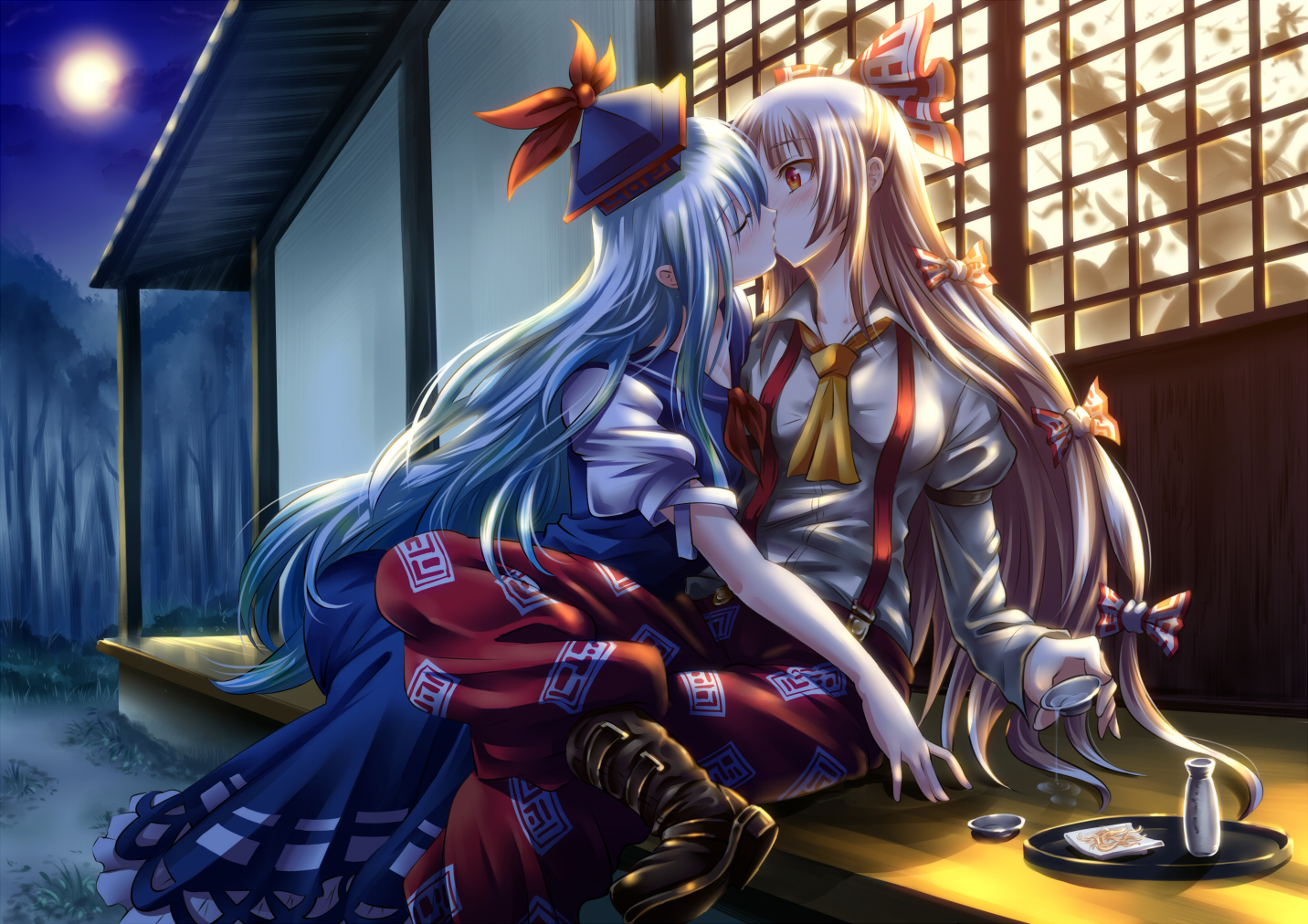 blue_hair, blush, boots, bow, brown_hair, cirno, dress, drink