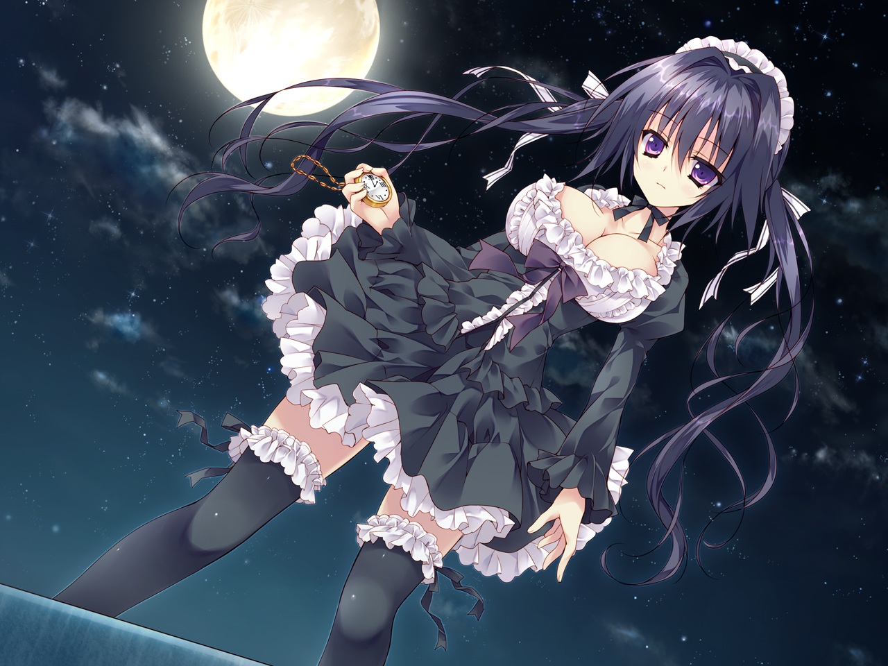 bow, breasts, chiisana_kanojo_no_sayokyoku, cleavage, feng, game_cg, headband, hellrun, long_hair, moon, night, purple_eyes, purple_hair, shirasato_karin, thighhighs, twintails