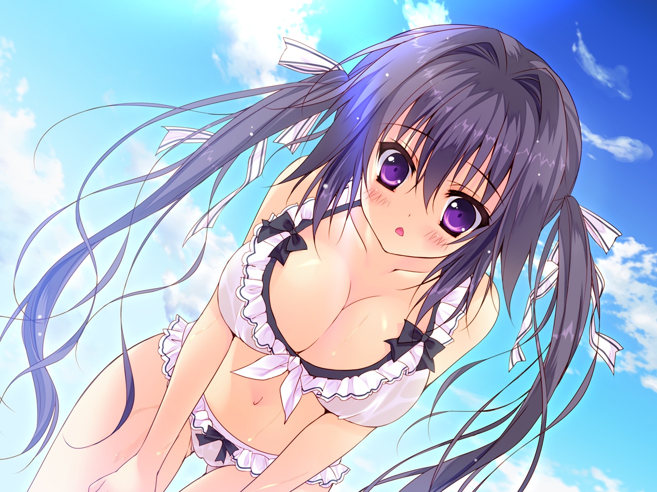 bikini, breasts, chiisana_kanojo_no_sayokyoku, cleavage, feng, game_cg, hellrun, long_hair, navel, purple_eyes, purple_hair, shirasato_karin, swimsuit, twintails, wet