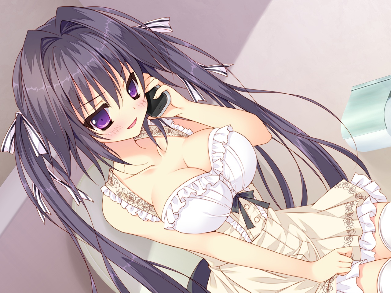 breasts, chiisana_kanojo_no_sayokyoku, cleavage, dress, feng, game_cg, hellrun, long_hair, phone, purple_eyes, purple_hair, shirasato_karin, twintails