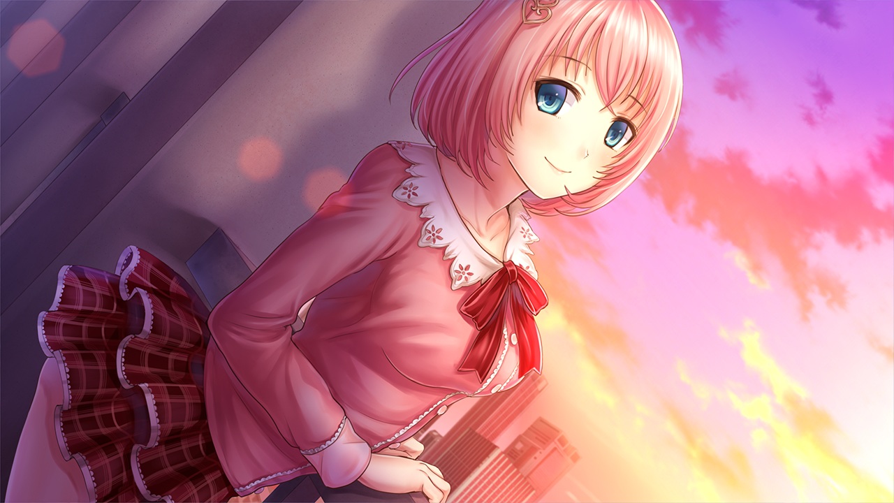 ayame_no_machi_to_ohimesama, blue_eyes, game_cg, kazuharu_kina, more_(company), pink_hair, shichigahama_yuri, short_hair, skirt