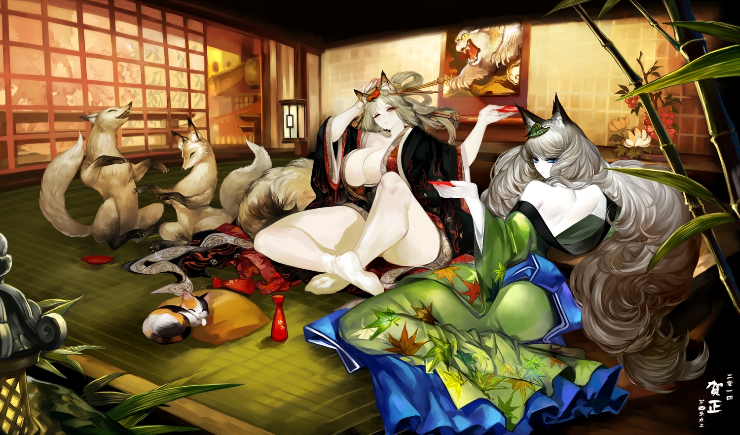 2girls, animal, animal_ears, blue_eyes, breasts, cat, cleavage, drink