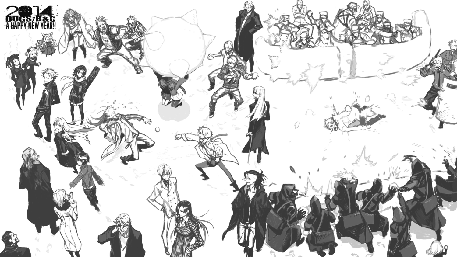 dogs:_bullets_&_carnage, miwa_shirow, monochrome, snow, white