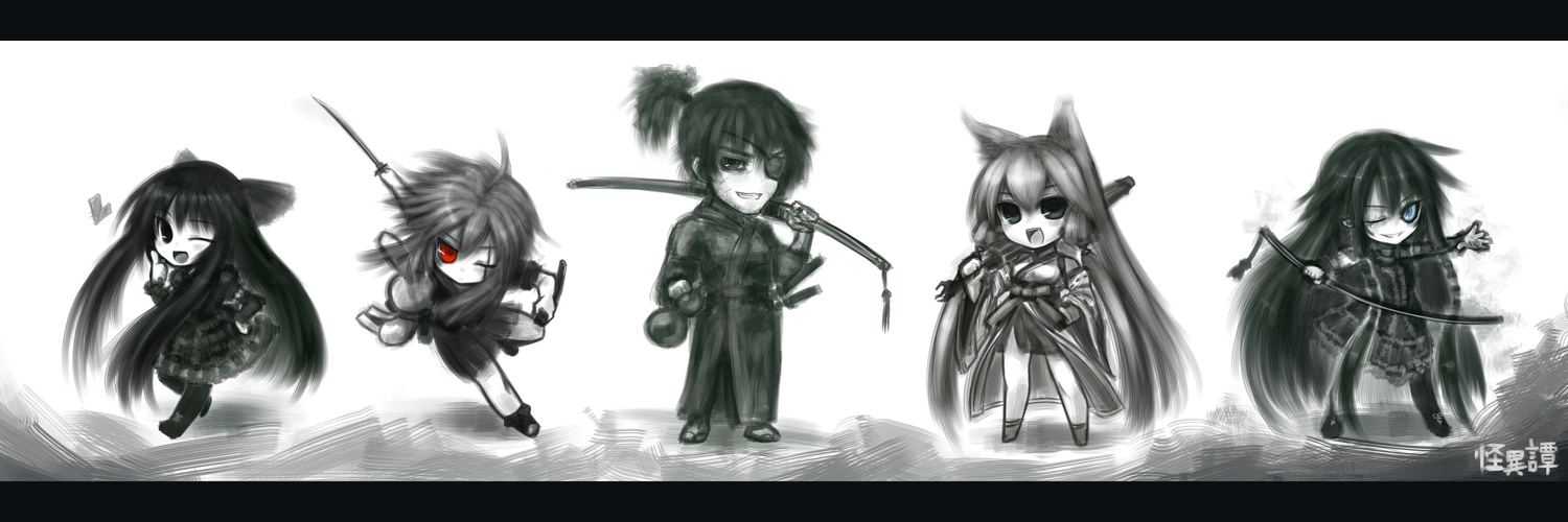 bunny, eyepatch, hinomaru_(kotoba), japanese_clothes, katana, kotoba_noriaki, monochrome, original