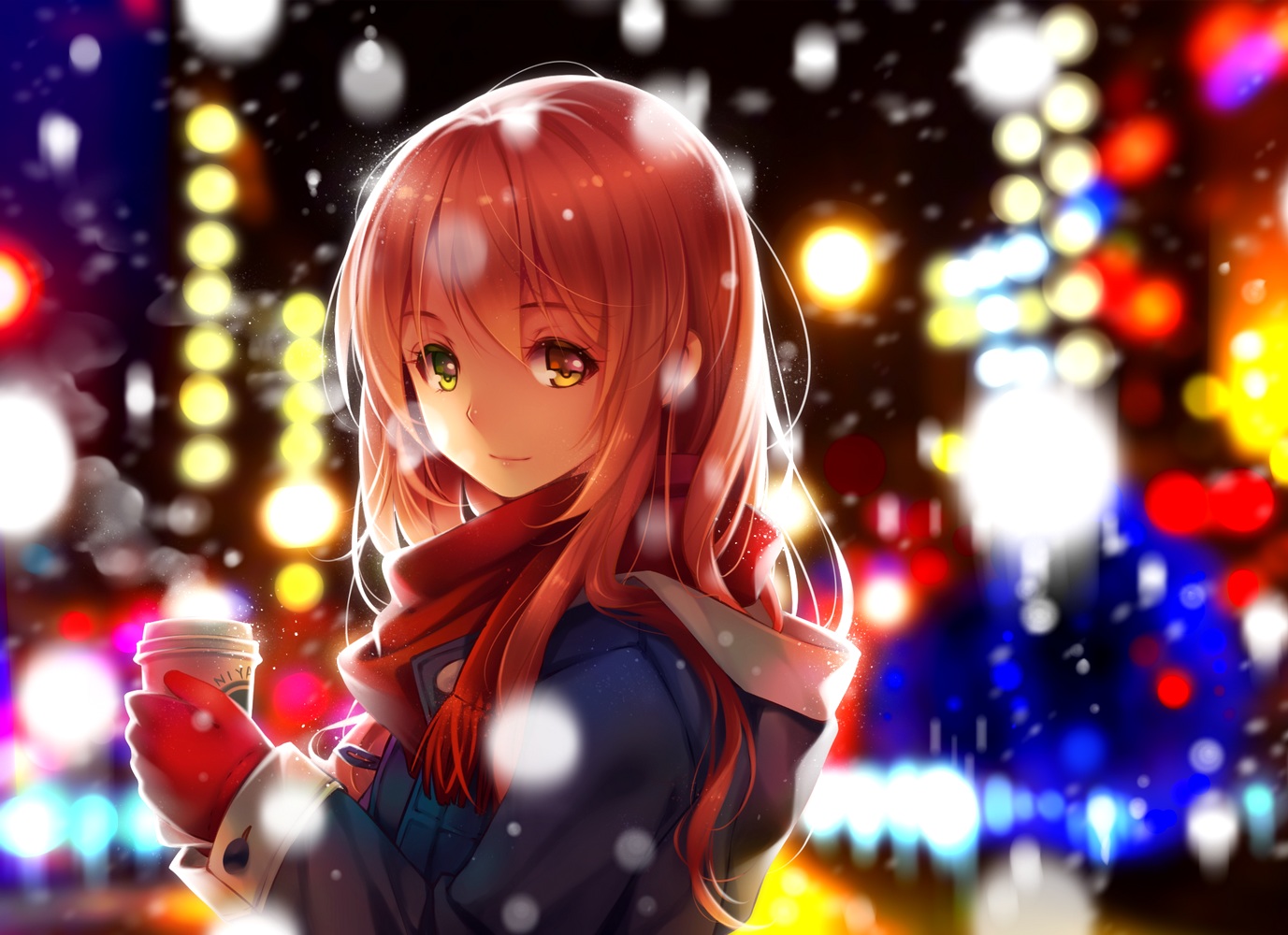bicolored_eyes, drink, gloves, niya, original, pink_hair, scarf, snow