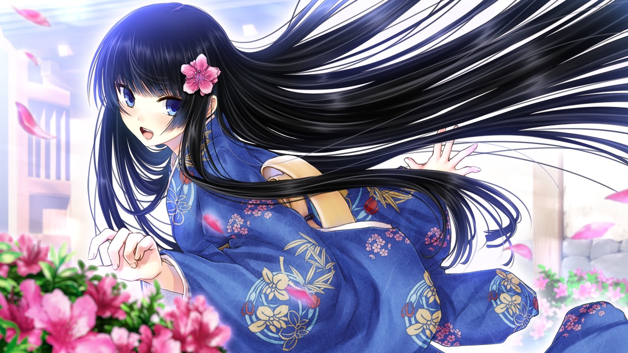 ayame_no_machi_to_ohimesama, black_hair, blue_eyes, flowers, furukawa_ayame, game_cg, japanese_clothes, kazuharu_kina